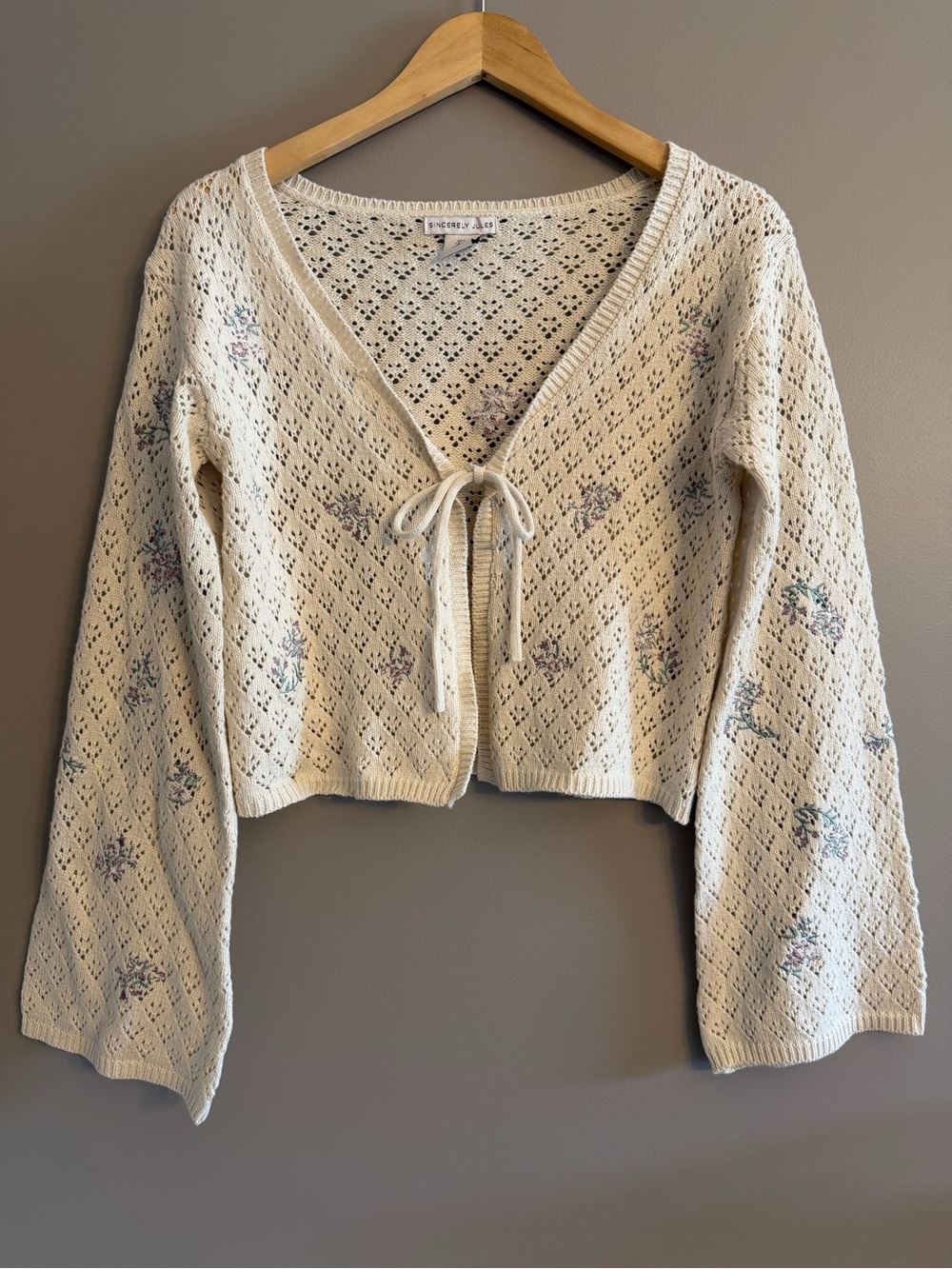 Sincerely Jules Floral Embroidered Pointelle Knit Cardigan Crop Flare Sleeve L